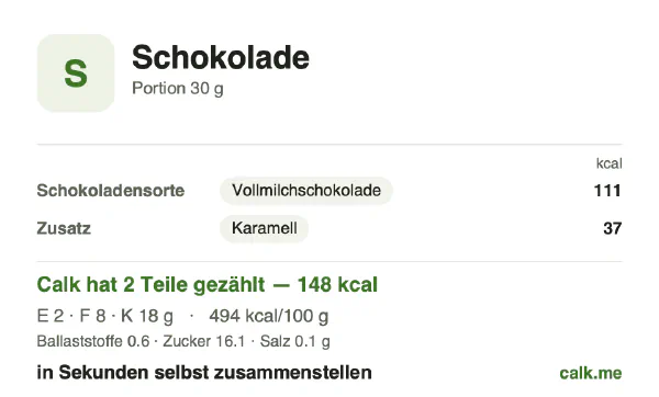 Calk-Karte für die kalorienärmere Variante von Schokolade: 494 kcal pro 100 g, Eiweiß/Fett/Kohlenhydrate 5/46/49