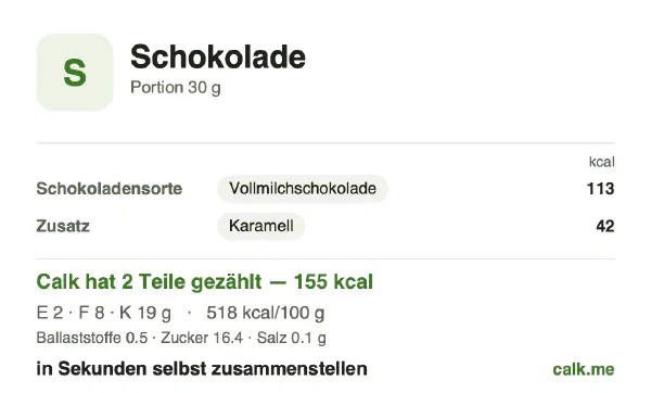 Calk-Karte für die kalorienärmere Variante von Schokolade: 518 kcal pro 100 g, Eiweiß/Fett/Kohlenhydrate 5/48/47