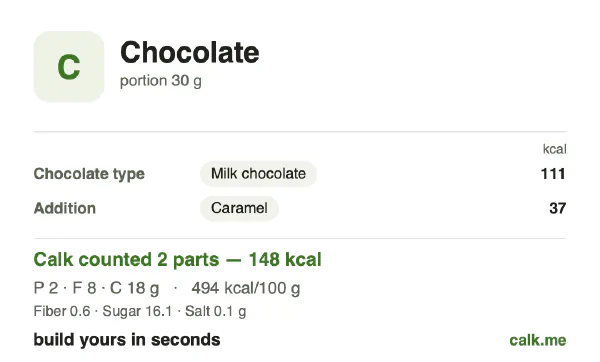 Lower calorie Calk card for Chocolate: 494 kcal per 100 g, protein/fat/carbs 5/46/49