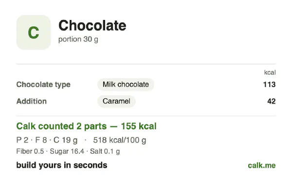 Lower calorie Calk card for Chocolate: 518 kcal per 100 g, protein/fat/carbs 5/48/47