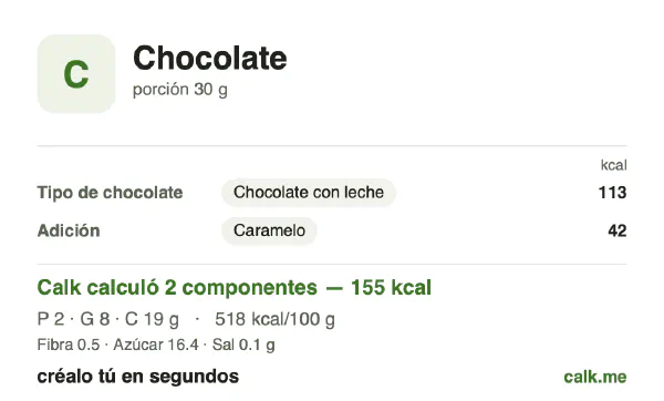 Tarjeta de Calk, versión menos calórica de Chocolate: 518 kcal por 100 g, proteínas/grasas/carbohidratos 5/48/47