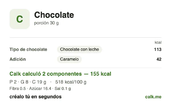 Tarjeta de Calk, versión menos calórica de Chocolate: 518 kcal por 100 g, proteínas/grasas/carbohidratos 5/48/47