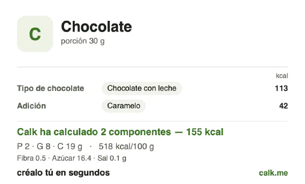 Ficha de Calk, versión menos calórica de Chocolate: 518 kcal por 100 g, proteínas/grasas/hidratos 5/48/47