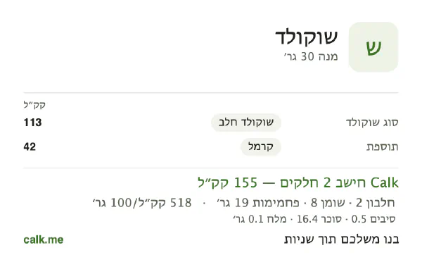 שוקולד ב־Calk, עם פחות קלוריות: 518 קק״ל ל־100 גרם, חלבון/שומן/פחמימות 5/48/47