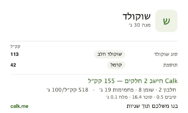 נתוני Calk לשוקולד, בגרסה עם פחות קלוריות: 518 קק״ל ל-100 גרם, חלבון/שומן/פחמימות 5/48/47
