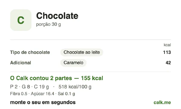 Cartão do Calk para a versão menos calórica de Chocolate: 518 kcal por 100 g, proteína/gordura/carboidratos 5/48/47