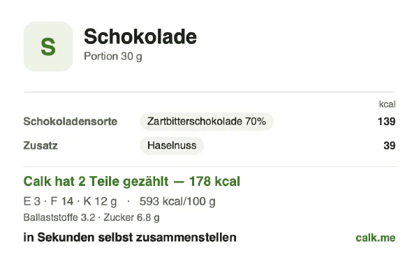 Calk-Karte für die kalorienreichere Variante von Schokolade: 593 kcal pro 100 g, Eiweiß/Fett/Kohlenhydrate 7/68/25