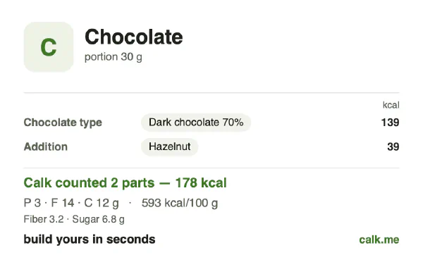 Higher calorie Calk card for Chocolate: 593 kcal per 100 g, protein/fat/carbs 7/68/25