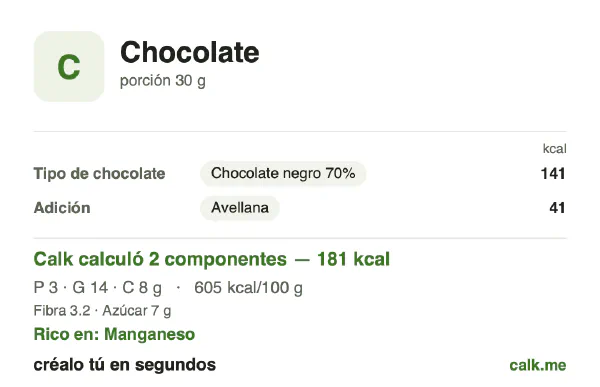 Tarjeta de Calk, versión más calórica de Chocolate: 605 kcal por 100 g, proteínas/grasas/carbohidratos 7/74/19