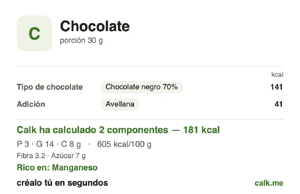 Ficha de Calk, versión más calórica de Chocolate: 605 kcal por 100 g, proteínas/grasas/hidratos 7/74/19
