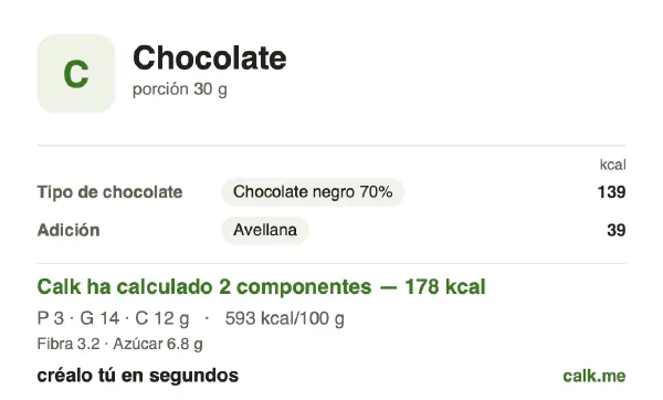 Ficha de Calk, versión más calórica de Chocolate: 593 kcal por 100 g, proteínas/grasas/hidratos 7/68/25