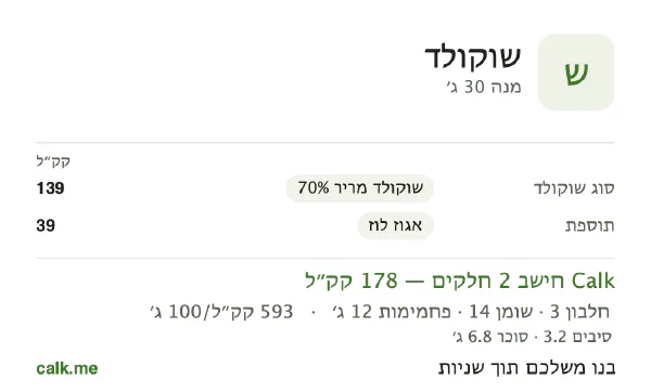נתוני Calk לשוקולד, בגרסה עם יותר קלוריות: 593 קק״ל ל-100 גרם, חלבון/שומן/פחמימות 7/68/25