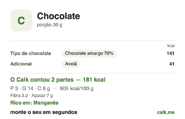 Cartão do Calk para a versão mais calórica de Chocolate: 605 kcal por 100 g, proteína/gordura/carboidratos 7/74/19