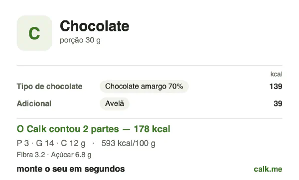 Cartão do Calk para a versão mais calórica de Chocolate: 593 kcal por 100 g, proteína/gordura/carboidratos 7/68/25