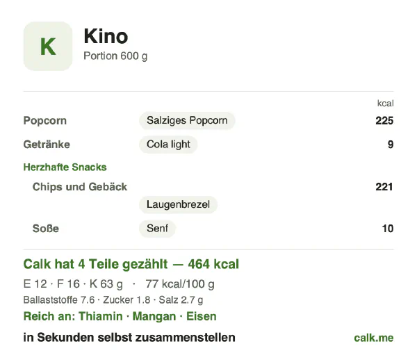 Calk-Karte für die kalorienärmere Variante von Kino-Snacks: 77 kcal pro 100 g, Eiweiß/Fett/Kohlenhydrate 11/33/56