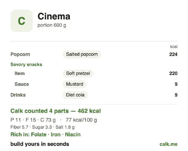 Lower calorie Calk card for Cinema snacks: 77 kcal per 100 g, protein/fat/carbs 9/29/62