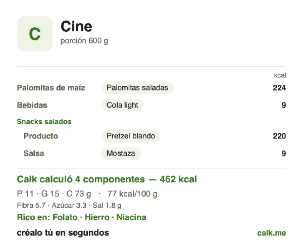 Tarjeta de Calk, versión menos calórica de Snacks de cine: 77 kcal por 100 g, proteínas/grasas/carbohidratos 9/29/62