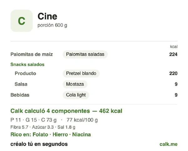 Tarjeta de Calk, versión menos calórica de Snacks de cine: 77 kcal por 100 g, proteínas/grasas/carbohidratos 9/29/62