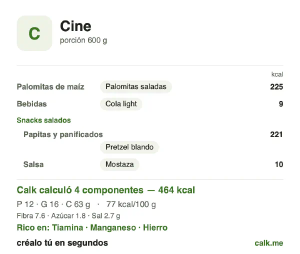 Tarjeta de Calk, versión menos calórica de Snacks de cine: 77 kcal por 100 g, proteínas/grasas/carbohidratos 11/33/56