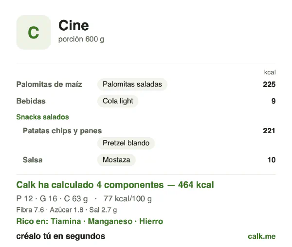 Ficha de Calk, versión menos calórica de Snacks de cine: 77 kcal por 100 g, proteínas/grasas/hidratos 11/33/56