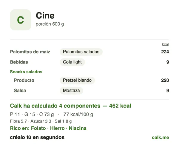 Ficha de Calk, versión menos calórica de Snacks de cine: 77 kcal por 100 g, proteínas/grasas/hidratos 9/29/62