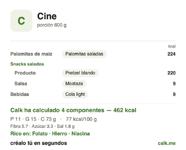 Ficha de Calk, versión menos calórica de Snacks de cine: 77 kcal por 100 g, proteínas/grasas/hidratos 9/29/62