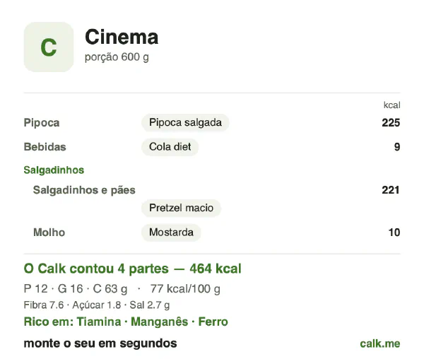 Cartão do Calk para a versão menos calórica de Lanches de cinema: 77 kcal por 100 g, proteína/gordura/carboidratos 11/33/56