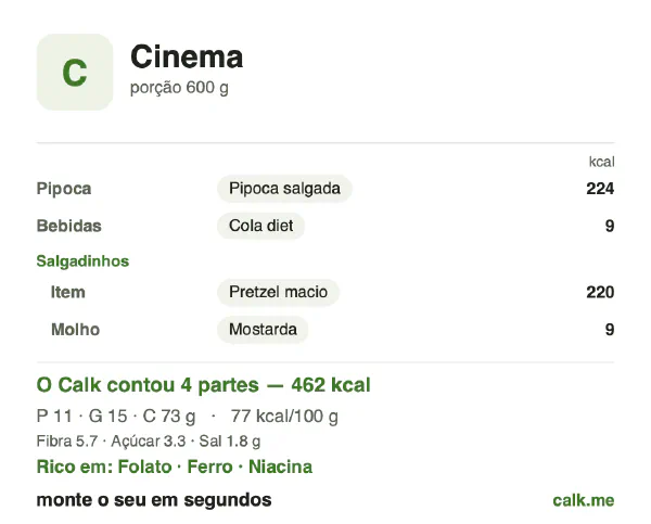 Cartão do Calk para a versão menos calórica de Lanches de cinema: 77 kcal por 100 g, proteína/gordura/carboidratos 9/29/62