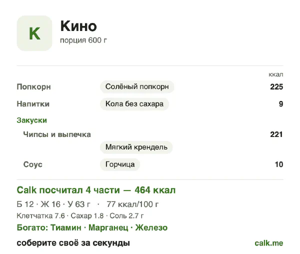Карточка «Снеки в кино» в Calk — менее калорийный вариант: 77 ккал на 100 г, белки/жиры/углеводы 11/33/56