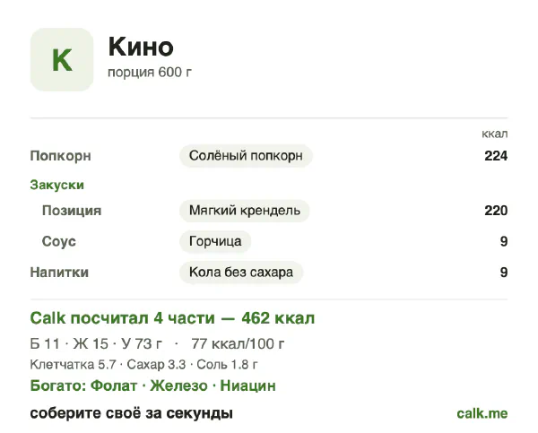 Карточка Calk, менее калорийный вариант Снеки в кино: 77 ккал на 100 г, белки/жиры/углеводы 9/29/62