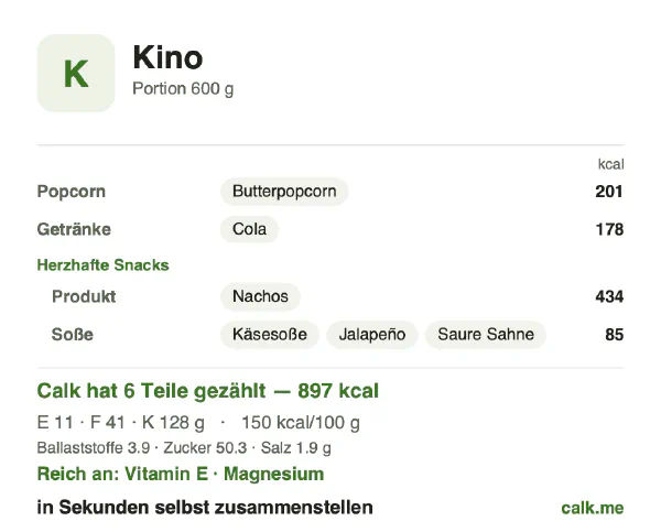 Calk-Karte für die kalorienreichere Variante von Kino-Snacks: 150 kcal pro 100 g, Eiweiß/Fett/Kohlenhydrate 5/40/55