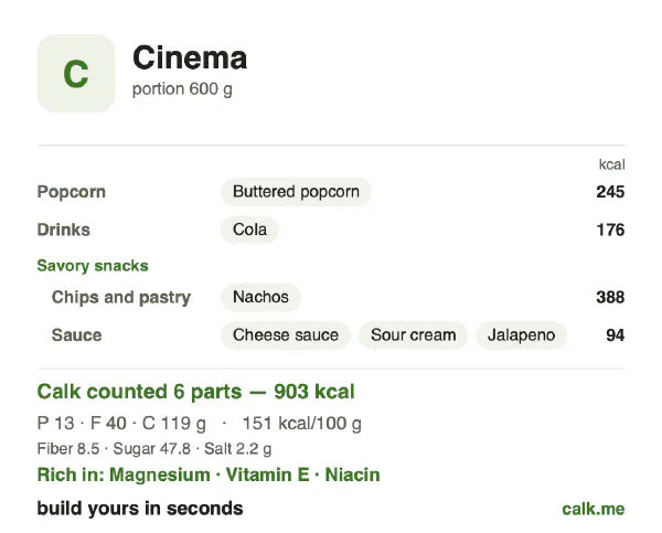 Higher calorie Calk card for Cinema snacks: 151 kcal per 100 g, protein/fat/carbs 6/40/54