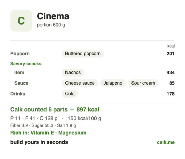 Higher calorie Calk card for Cinema snacks: 150 kcal per 100 g, protein/fat/carbs 5/40/55