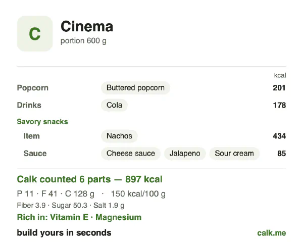 Higher calorie Calk card for Cinema snacks: 150 kcal per 100 g, protein/fat/carbs 5/40/55