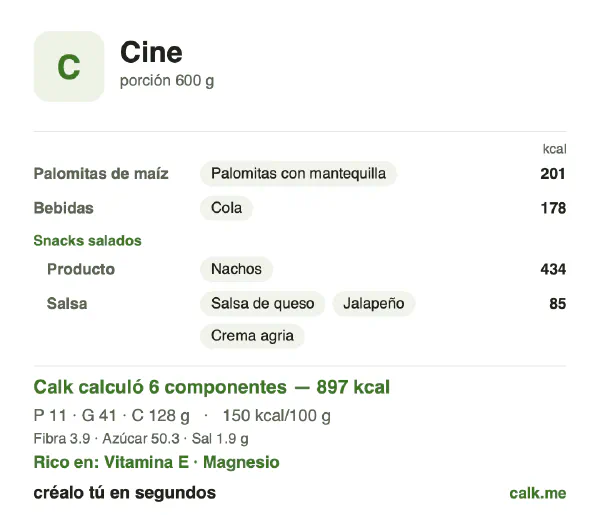 Tarjeta de Calk, versión más calórica de Snacks de cine: 150 kcal por 100 g, proteínas/grasas/carbohidratos 5/40/55