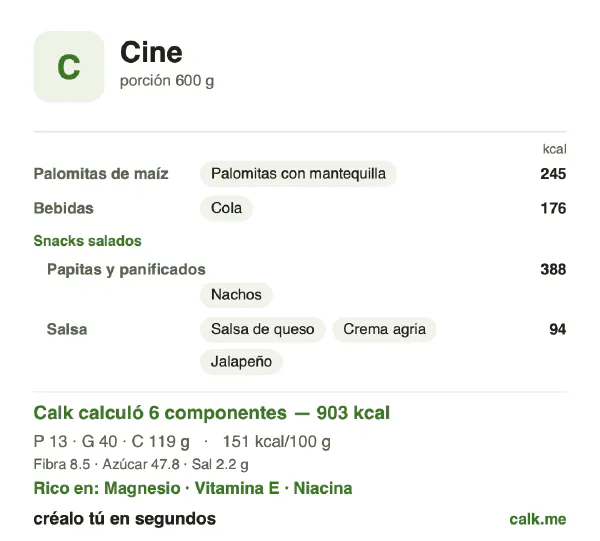 Tarjeta de Calk, versión más calórica de Snacks de cine: 151 kcal por 100 g, proteínas/grasas/carbohidratos 6/40/54