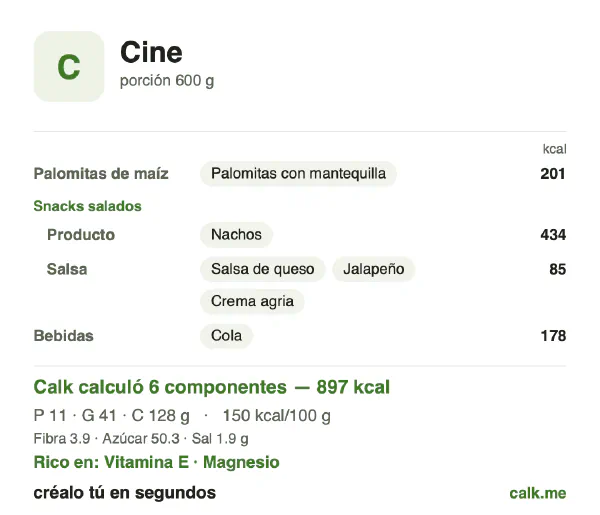 Tarjeta de Calk, versión más calórica de Snacks de cine: 150 kcal por 100 g, proteínas/grasas/carbohidratos 5/40/55