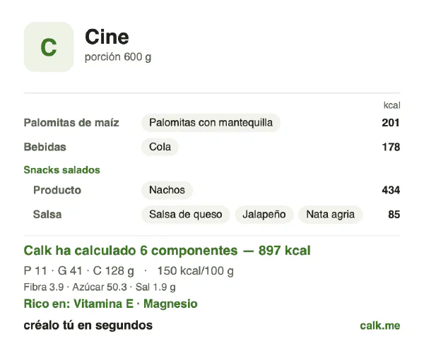 Ficha de Calk, versión más calórica de Snacks de cine: 150 kcal por 100 g, proteínas/grasas/hidratos 5/40/55