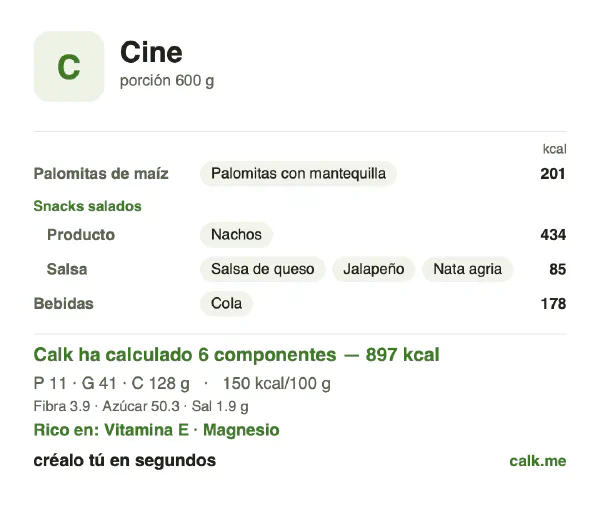 Ficha de Calk, versión más calórica de Snacks de cine: 150 kcal por 100 g, proteínas/grasas/hidratos 5/40/55