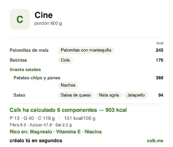 Ficha de Calk, versión más calórica de Snacks de cine: 151 kcal por 100 g, proteínas/grasas/hidratos 6/40/54