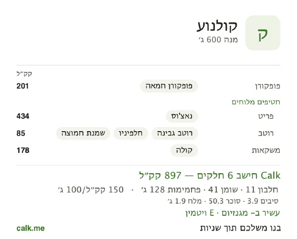 נתוני Calk לנשנושי קולנוע, בגרסה עם יותר קלוריות: 150 קק״ל ל-100 גרם, חלבון/שומן/פחמימות 5/40/55