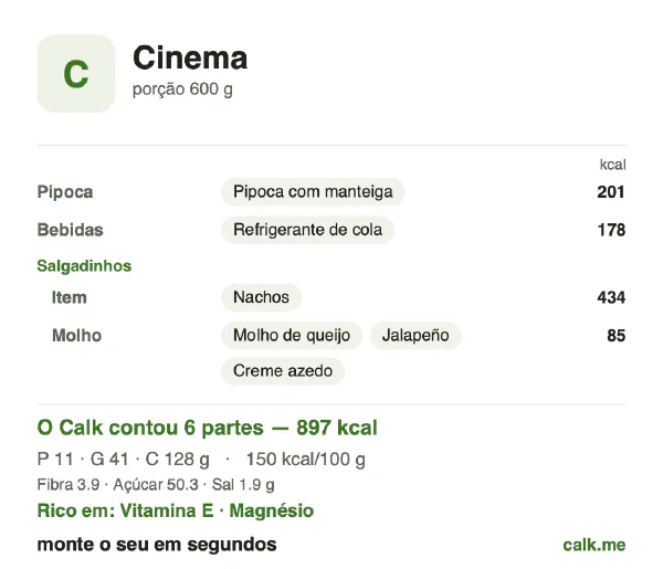 Cartão do Calk para a versão mais calórica de Lanches de cinema: 150 kcal por 100 g, proteína/gordura/carboidratos 5/40/55
