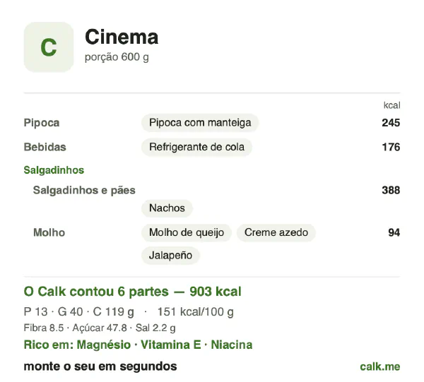 Cartão do Calk para a versão mais calórica de Lanches de cinema: 151 kcal por 100 g, proteína/gordura/carboidratos 6/40/54