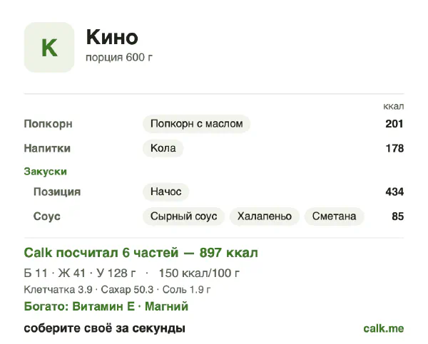 Карточка «Снеки в кино» в Calk — более калорийный вариант: 150 ккал на 100 г, белки/жиры/углеводы 5/40/55