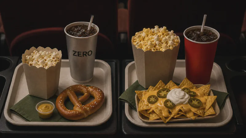 Cinema snack tray: lower- and higher-calorie Calk versions side by side