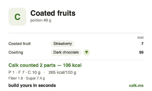 Lower calorie Calk card for Chocolate-covered fruit: 265 kcal per 100 g, protein/fat/carbs 5/57/38