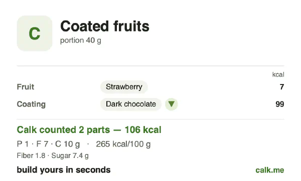 Lower calorie Calk card for Chocolate-covered fruit: 265 kcal per 100 g, protein/fat/carbs 5/57/38