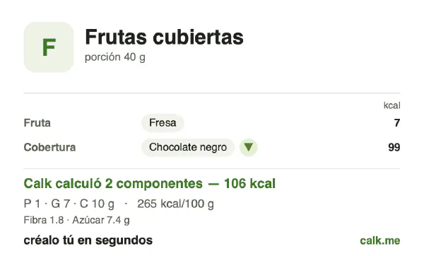 Tarjeta de Calk, versión menos calórica de Frutas cubiertas: 265 kcal por 100 g, proteínas/grasas/carbohidratos 5/57/38