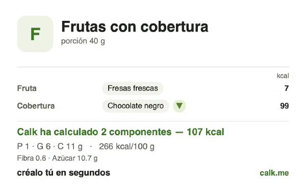 Ficha de Calk, versión menos calórica de Frutas cubiertas: 266 kcal por 100 g, proteínas/grasas/hidratos 4/52/43