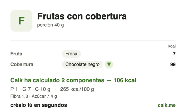 Ficha de Calk, versión menos calórica de Frutas cubiertas: 265 kcal por 100 g, proteínas/grasas/hidratos 5/57/38